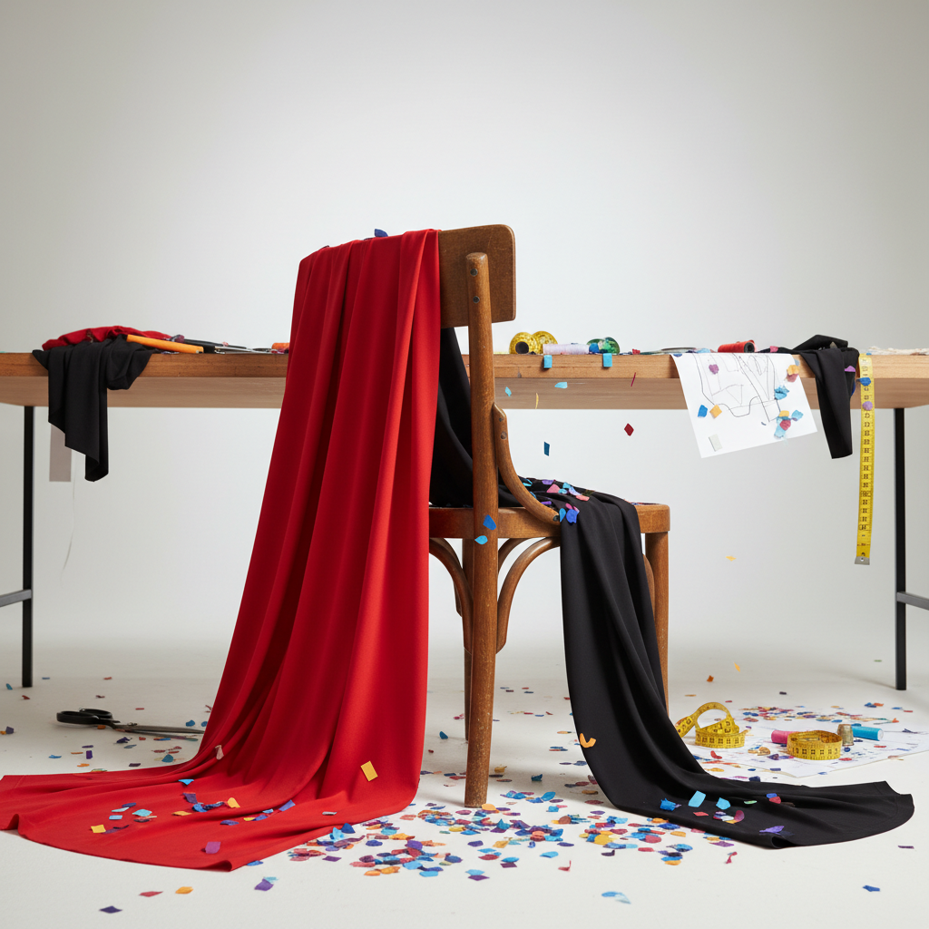 Costume workspace with fabric swatches, sewing tools, and confetti in vibrant colors.