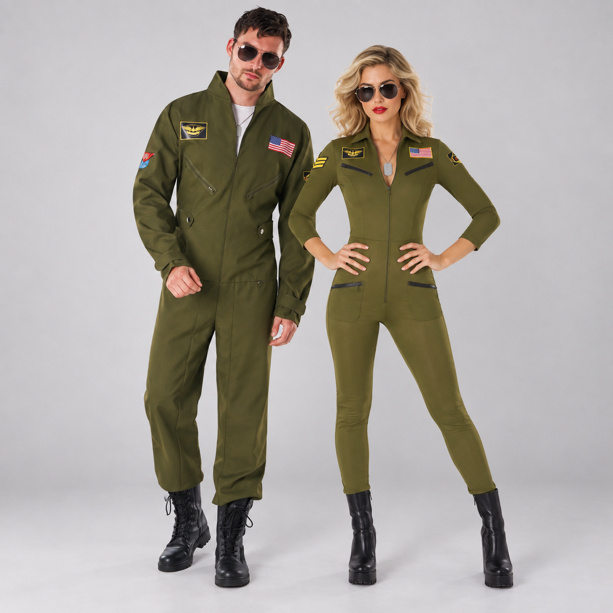 A couple in matching 1980s aviator and fighter pilot costumes with sunglasses and dog tags