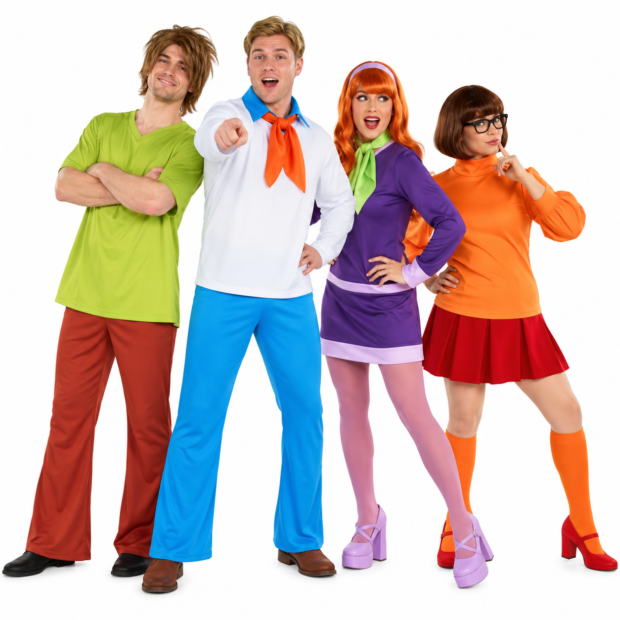 Four friends in a cartoon mystery-solving gang look, one in a green shirt, one in a white shirt and tie, one in a purple dress, one in an orange top with glasses