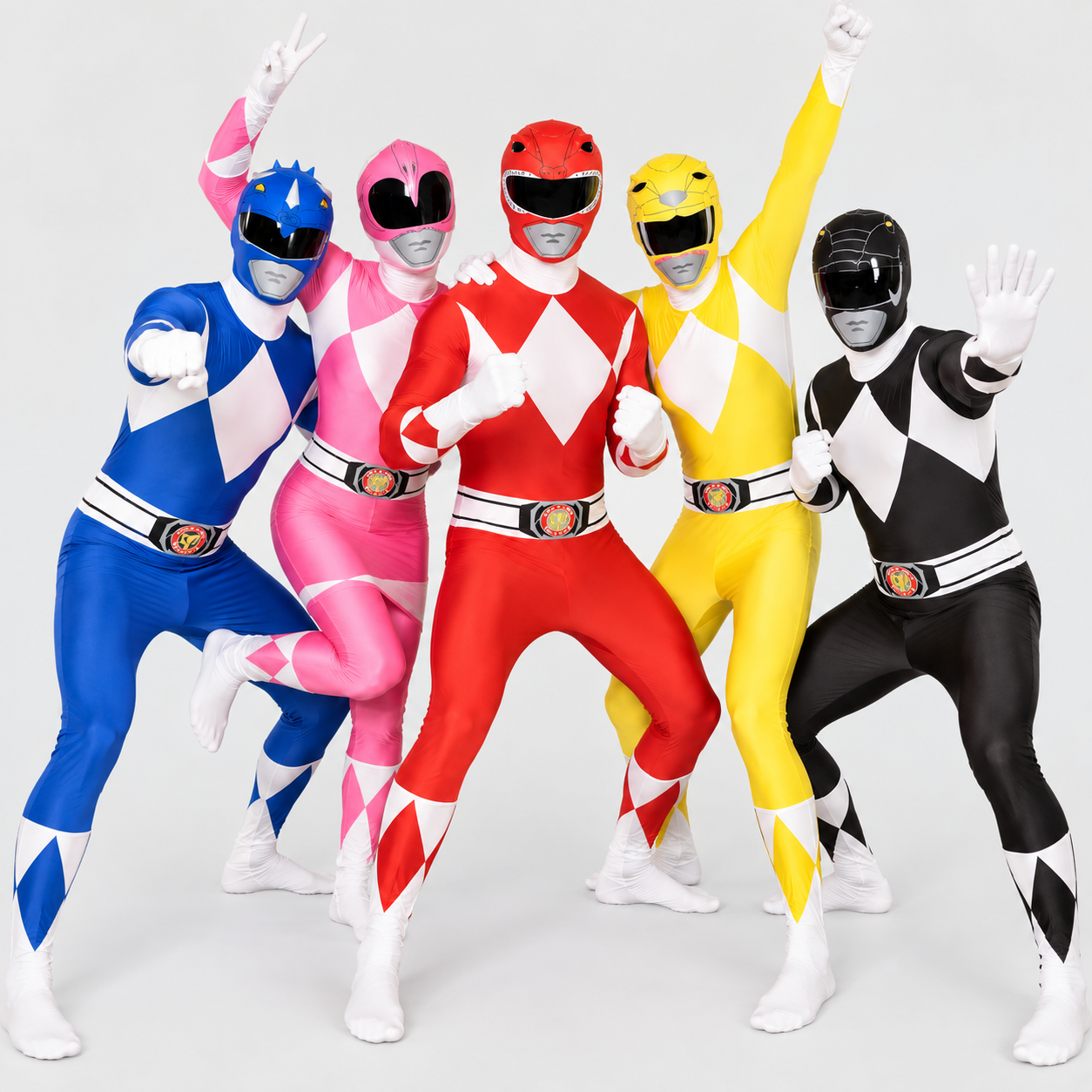 Group of five friends in colour-coded full-body ranger-style suits, each a different colour