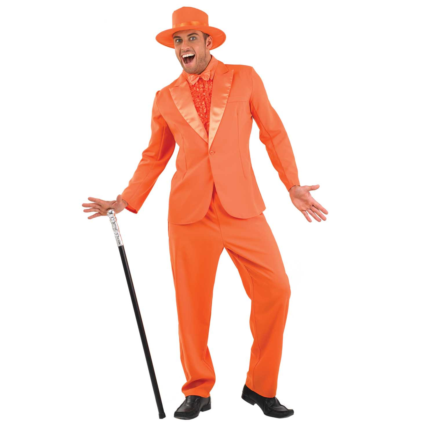 Mens orange suit costume with top hat and bow tie