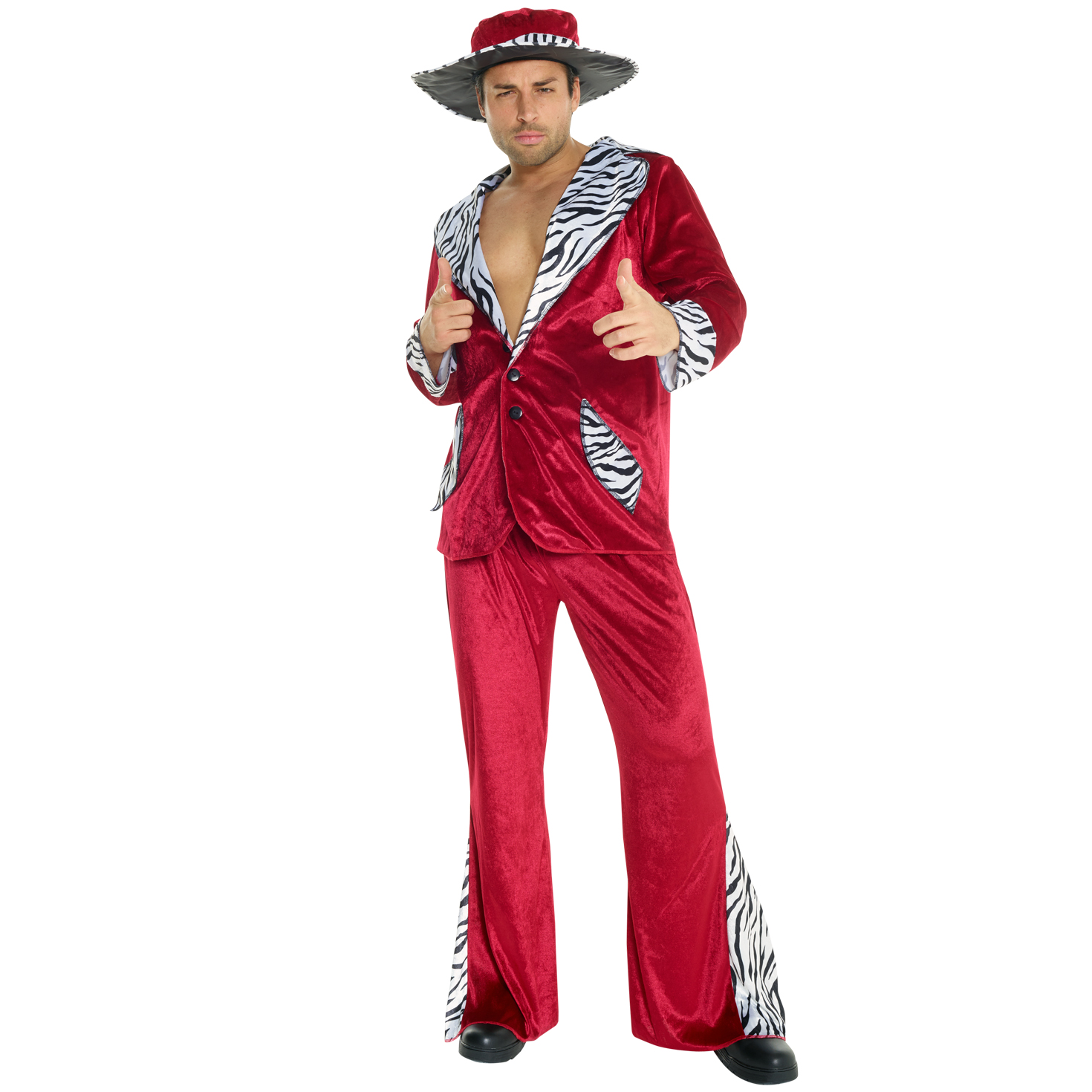 Burgundy velvet 70s pimp costume for men with zebra-print trim jacket, pants and hat