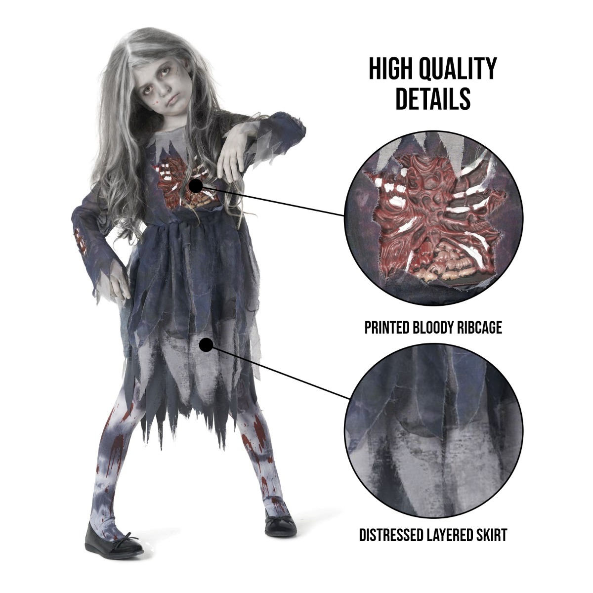 zombie dress ideas Kids Girl Costume Better-Than-A-Slip Dress (Size):XS Dead Now + Forever Classic Black Cap Toe