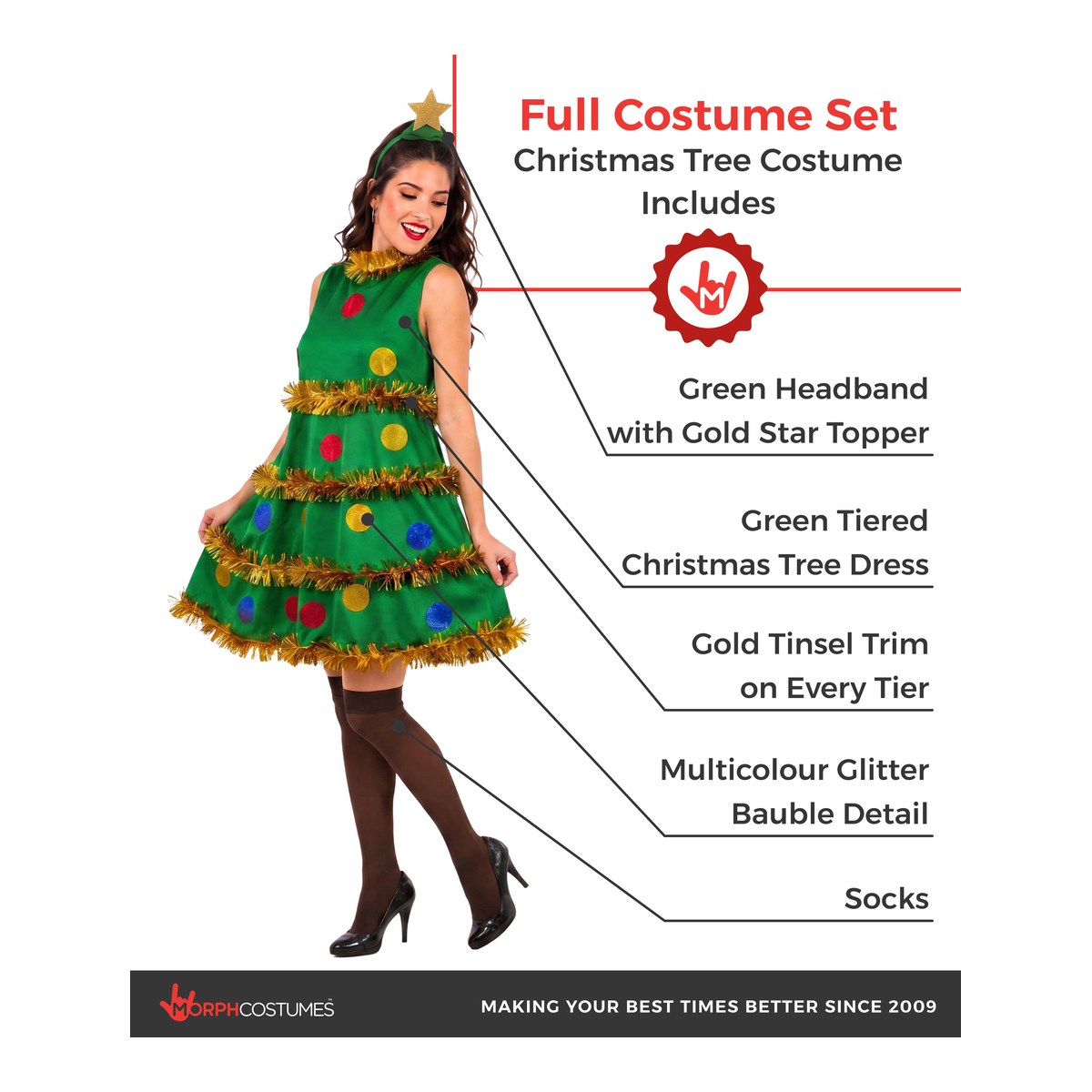christmas tree dress for adults Women's Costume With Christmas Decoration Details