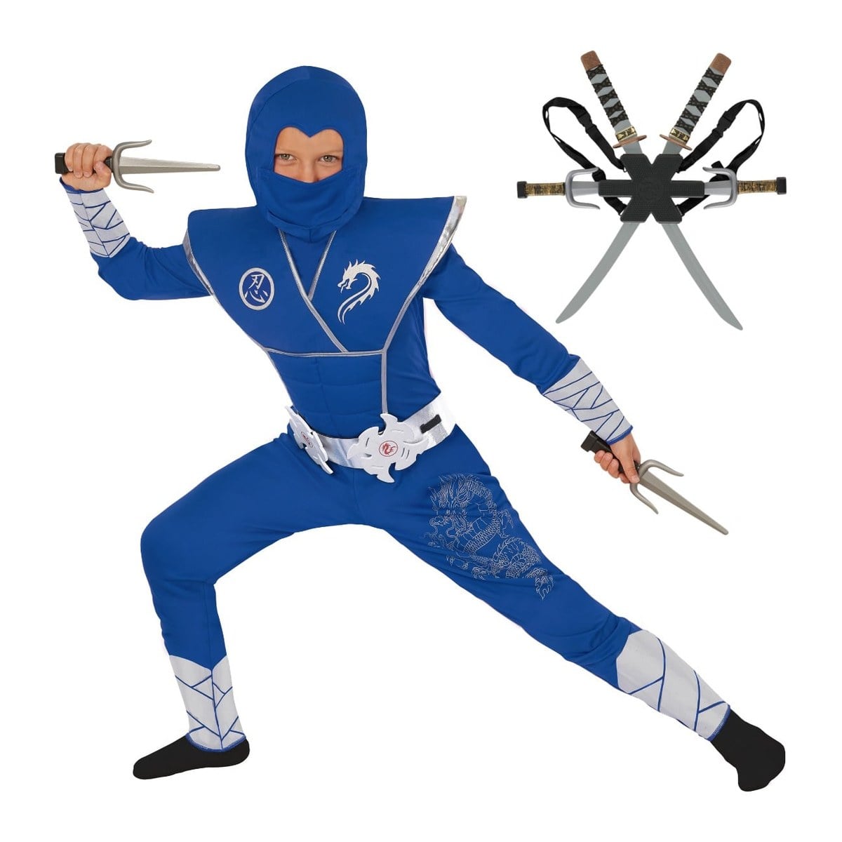 Boys Blue and Silver Ninja Costume with Backpack
