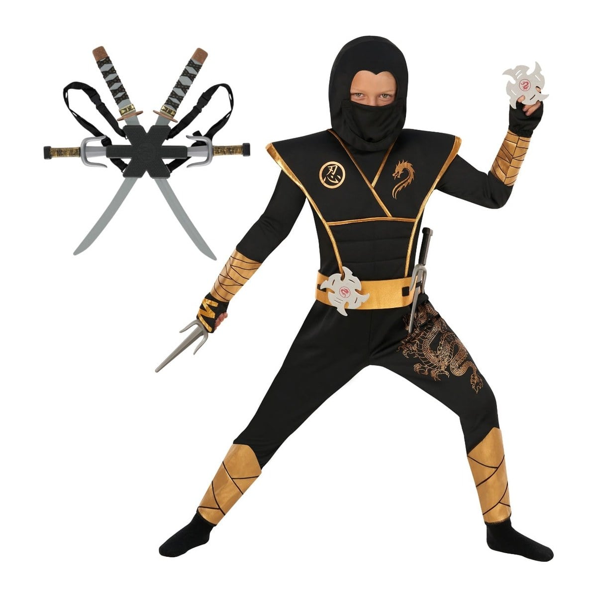 Boys Gold and Black Ninja Costume with Backpack