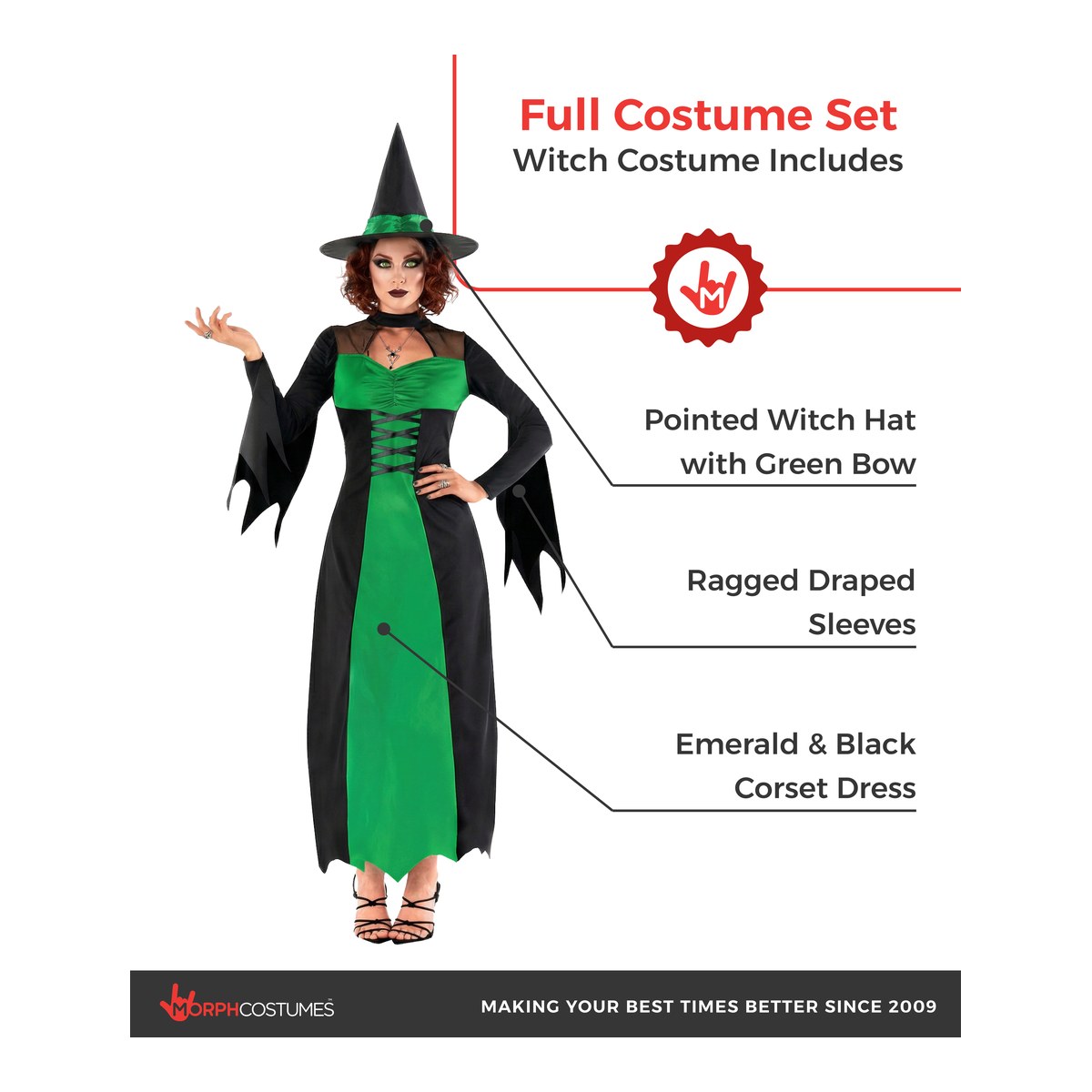 Morph Witch Costumes for Women Green Wicked Witch Costume Women, Womens Halloween Costume Adult, Fancy Dress for Adults Medium