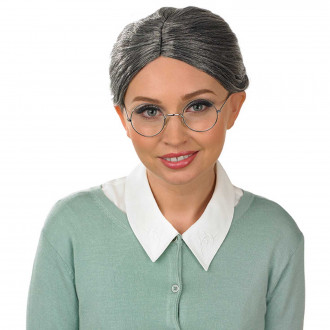 Grey Granny Bun Wig & Glasses