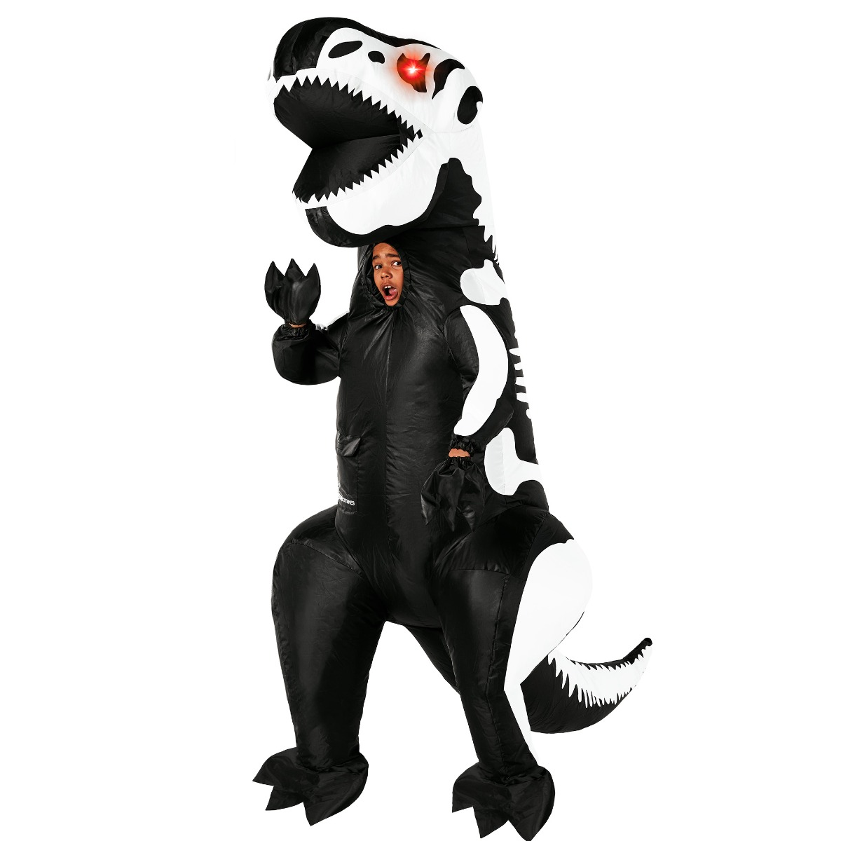Kids inflatable skeleton T-Rex costume with glowing red eyes