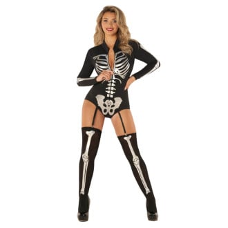 Womens Sexy Skeleton Bodysuit Costume With Suspenders