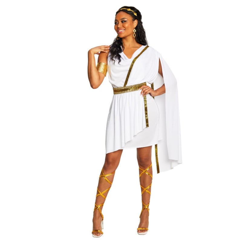 white and gold toga dress Elegant Girls Greek Goddess Costume with Gold Accents